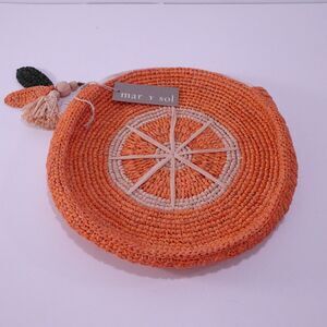 Mar Y Sol Women's Woven Raffia Orange Pop Pom Charm Clutch Bag NWT 158